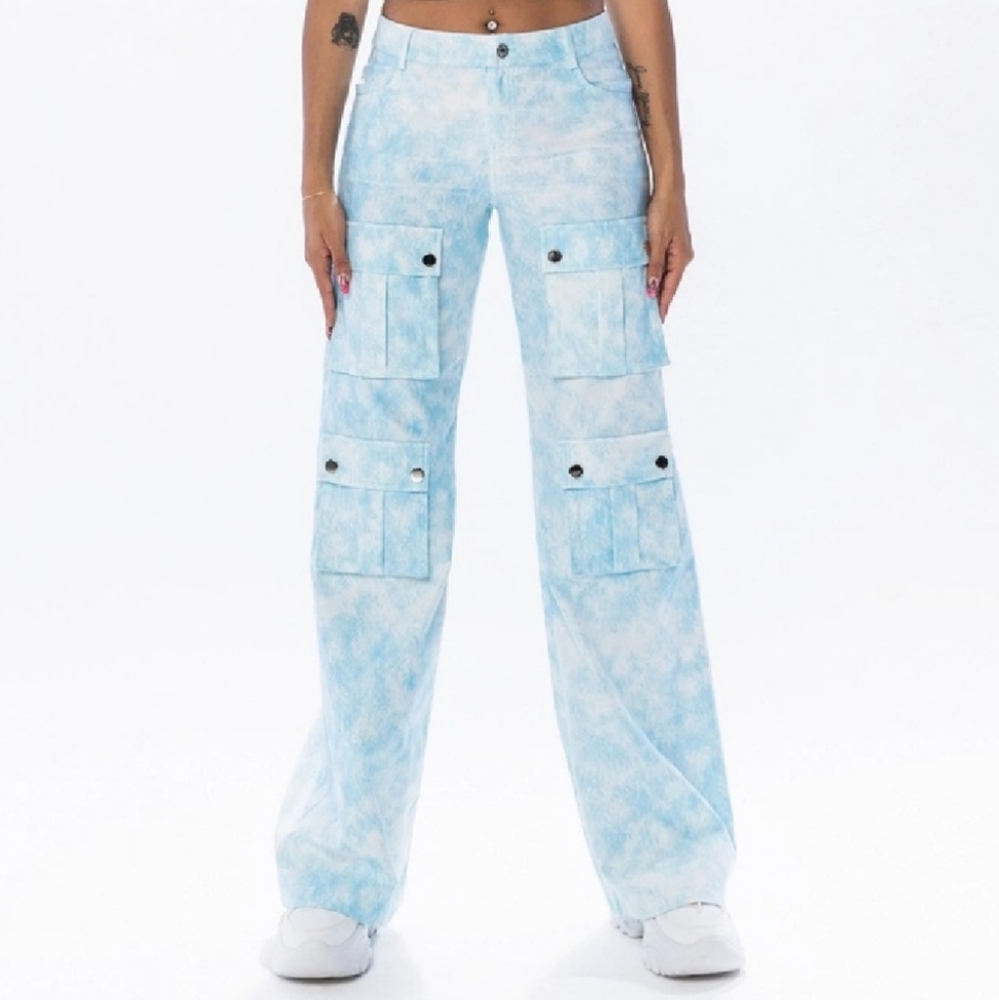 NWT NO VACANCY STUDYHALL TIE DYE CARGO PANTS, BLUE, VARIOUS SIZES